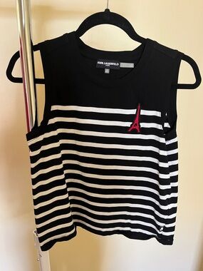 Karl Lagerfeld Black White Striped Tank with Red Eiffel Motif